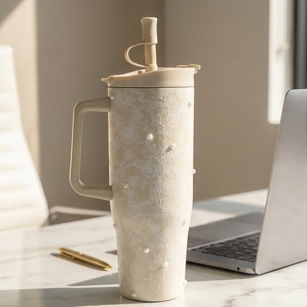 Elegant Pearl-Accented Beige Travel Mug with Handle